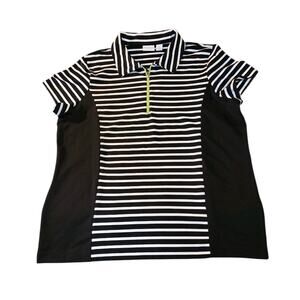 Weekends By Chico's Women's Sz 2 US L/12 White Black Stripe Green Zip Polo Top